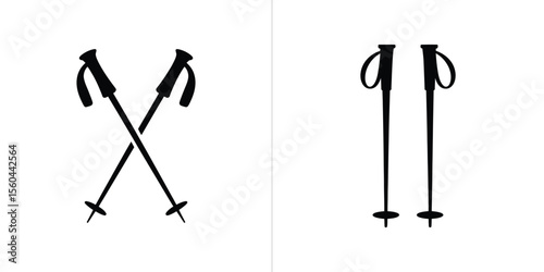 Ski Poles Crossed & Upright in Black Silhouette Against White Backdrop