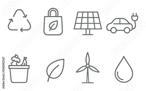 Eco-friendly line icons set – recycling, sustainability, and green living symbols