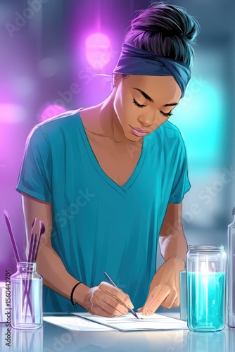 Young Black female embalmer applies makeup in colorful funeral home setting