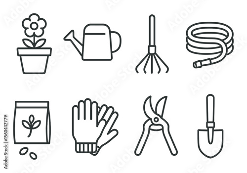 Gardening tools icons set – outline style, horticulture and landscaping essentials