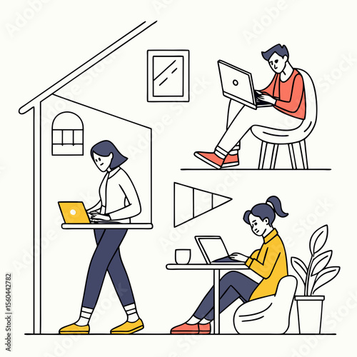 Modern illustration of people working remotely on laptops at home