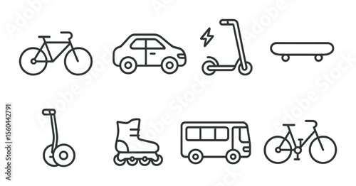 Green transport icons set – outline style, eco-friendly and mobility symbols