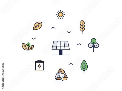 Renewable energy and sustainability concepts depicted with solar panel and icons