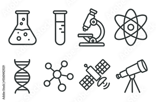 Science and research icons set – outline, laboratory and chemistry design symbols