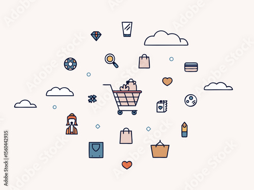 Shopping cart filled with goods among various illustrated icons on a white background