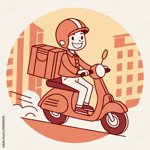 Smiling delivery person on scooter with food package cartoon illustration