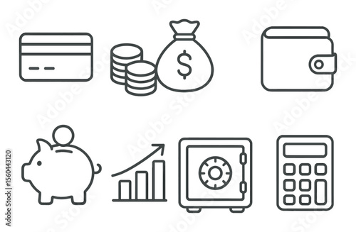 Finance essentials icons set – linear style for banking, economy, and savings visuals