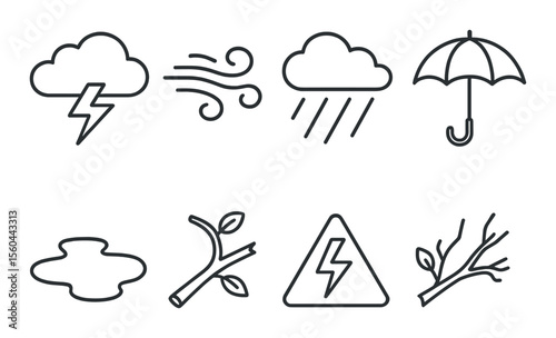 Storm and weather warning icons set – outline, nature and climate symbols