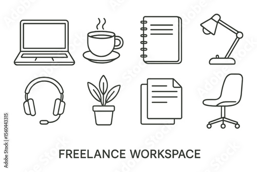 Workspace icons set – linear style for freelance, office, and productivity designs