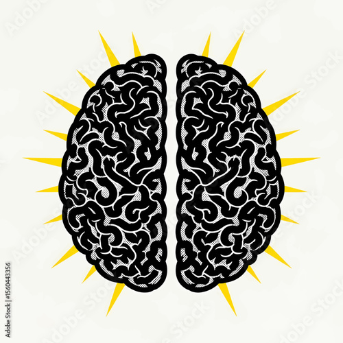 This high-quality vector graphic features a distressed halftone human brain with symmetrical hemispheres and dynamic yellow energy bursts, emphasizing mind, creativity, and vintage print aesthetics.