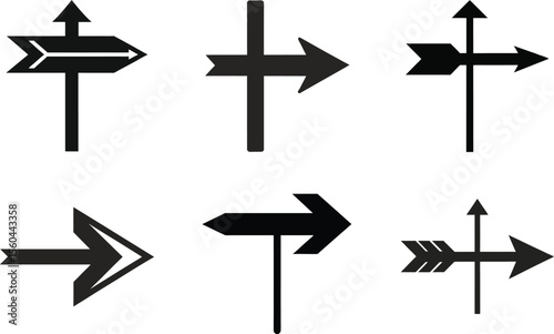 A versatile set of black vector arrows pointing in various directions, perfect for illustrating choices, guiding traffic, or symbolizing business concepts on a blank signpost