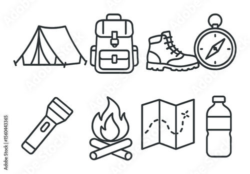 Camping essentials icons set – outline, hiking and outdoor adventure symbols