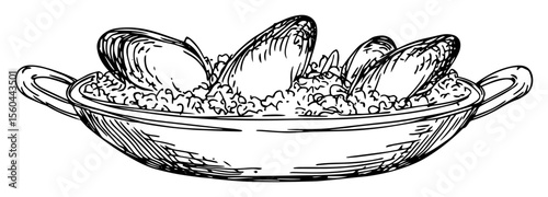 pan of mussels seafood paella dish hand drawn sketch