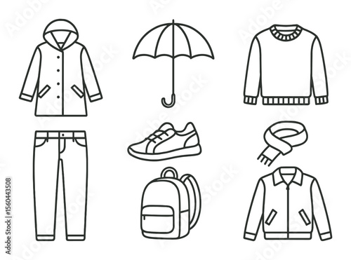 Spring clothing icons set – outline, garments and fashion essentials for seasonal trends