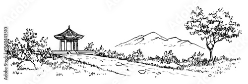 asian landscape with pagoda on a hill hand drawn vector sketch