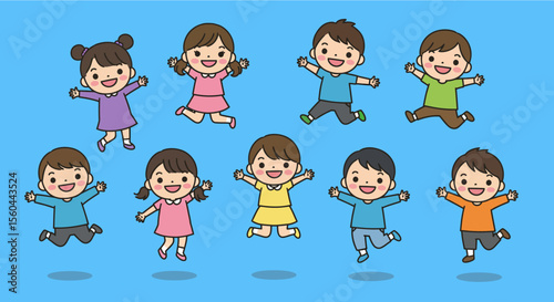 Cute cartoon happy children jumping in the air. Vector illustration.