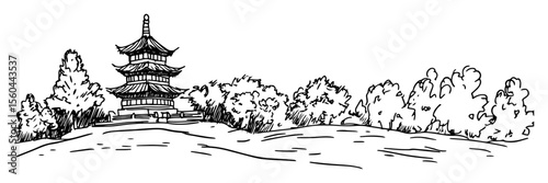 japanese pagoda on a hill with trees hand drawn sketch