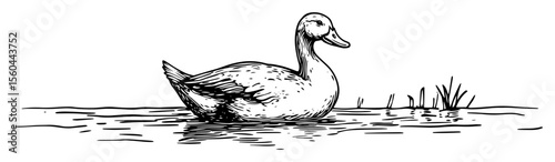 duck swimming in a pond hand drawn vector sketch