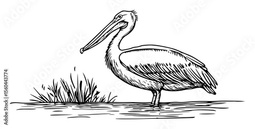 standing pelican bird on the shore hand drawn vector sketch