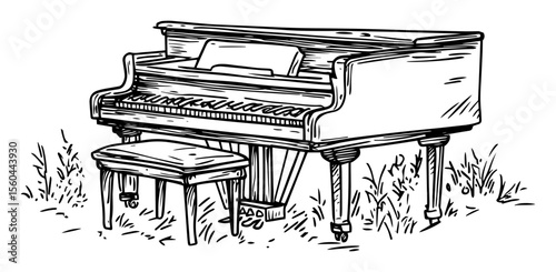 grand piano and bench on grass field