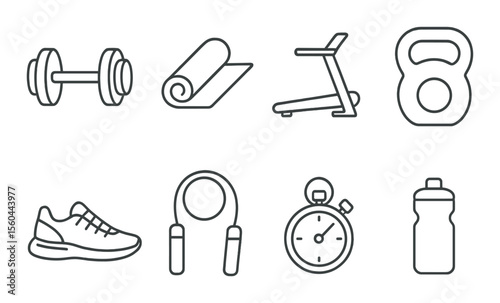 Home gym equipment icons set – outline, fitness and exercise symbols