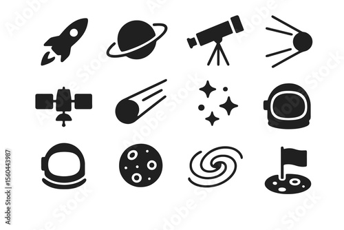 Black set of 12 universe icons. Minimal vector for exploration and discovery.