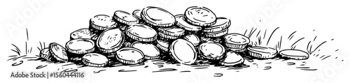 hand drawn pile of coins vector line art illustration