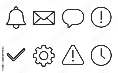 App notification icons set – outline style, alert and message symbols for digital interfaces