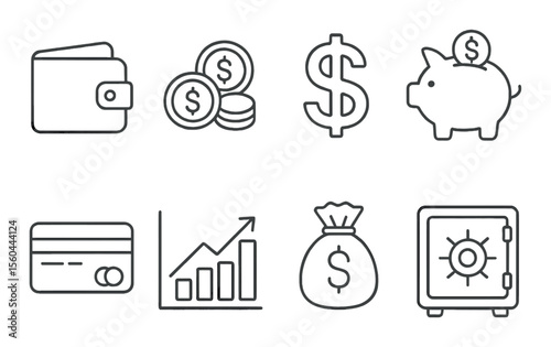 Finance and banking icons set – outline, financial symbols and monetary elements