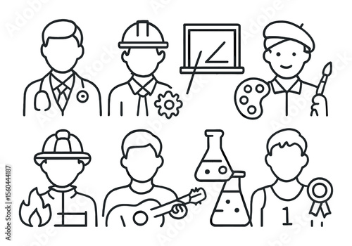 Career and profession icons set – linear, job and occupation graphic symbols