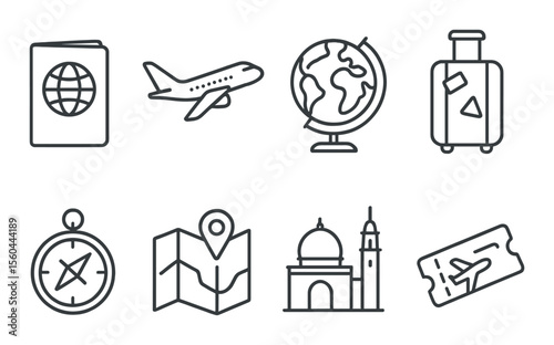 Travel and navigation linear icons set – journey, maps, and sightseeing symbols