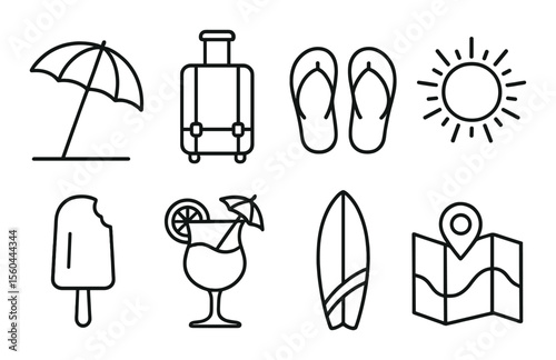 Vacation essentials icons set – outline, travel and holiday graphic symbols
