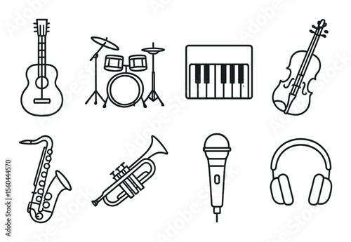 Music instruments icons set – linear, compose and acoustic symbols for musicians