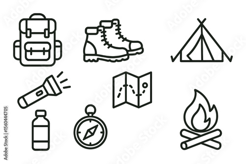 Outdoor hiking icons set – simple linear camping and adventure symbols