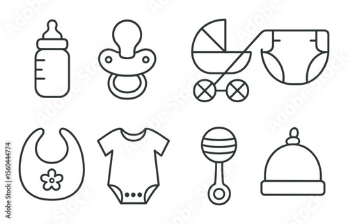 Newborn essentials icons set – line, baby care and infant symbols for parenting