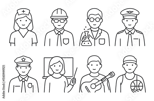 Diverse professions icons set – linear, career and occupation symbols collection
