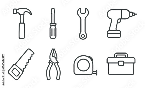 Repair tools icons set – outline, construction and diy equipment symbols