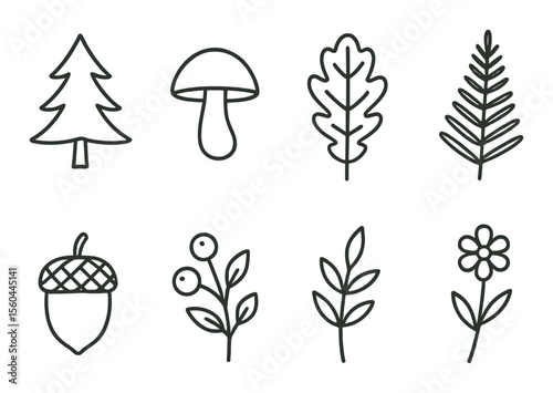 Forest nature icon set – linear, simple and minimalist woodland symbols collection