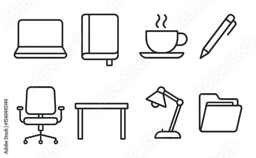 Workspace essentials icons set – outline, office and productivity symbols