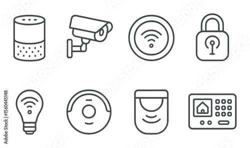 Smart home technology icons set – linear, automation and gadget symbols
