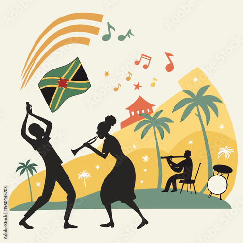 Dominica celebration with musicians, flag, palm trees, and musical notes in a festive island scene