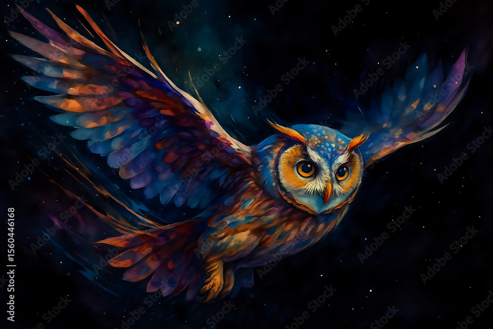 Fototapeta premium Colorful Owl on Dark Background - Fantasy Art Style