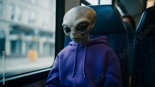 Alien Wearing Purple Hoodie Sitting Alone on Public Bus