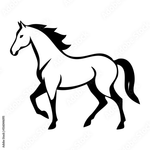 Elegant black and white stylized illustration of a horse in a dynamic pose, ideal for equestrian themes or logos