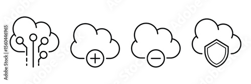 Cloud computing connection add remove shield technology icon vector illustration line art design for secure digital storage system interface.