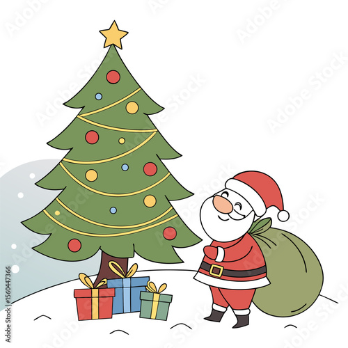 Illustration of santa claus with a sack standing next to a christmas tree and presents on a snowy hill