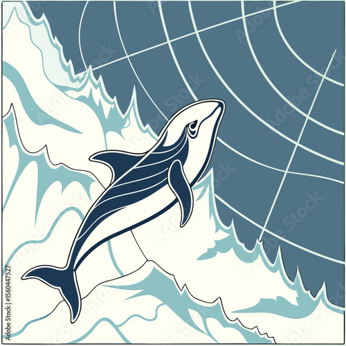 Illustration of a dolphin leaping out of the water with a geometric wave pattern in the background