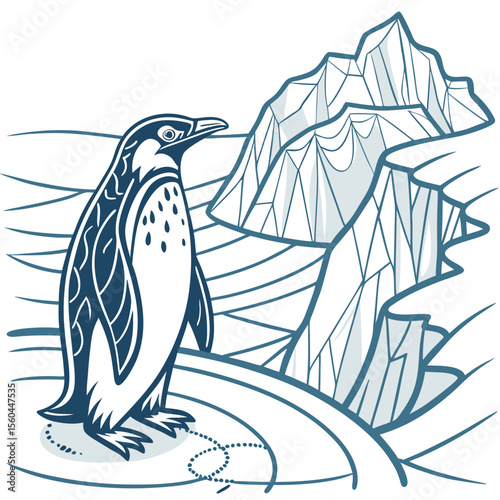 Illustration of a penguin standing on ice with mountains in the background in line art style