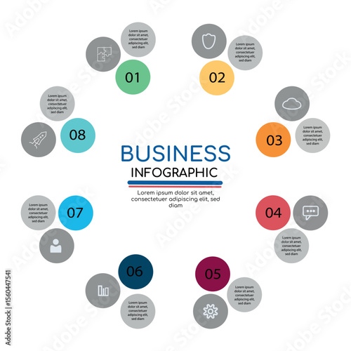 Modern circular business infographic with 8 colorful numbered segments. Each section includes a round icon and placeholder text, ideal for step-by-step processes, presentations, or workflow