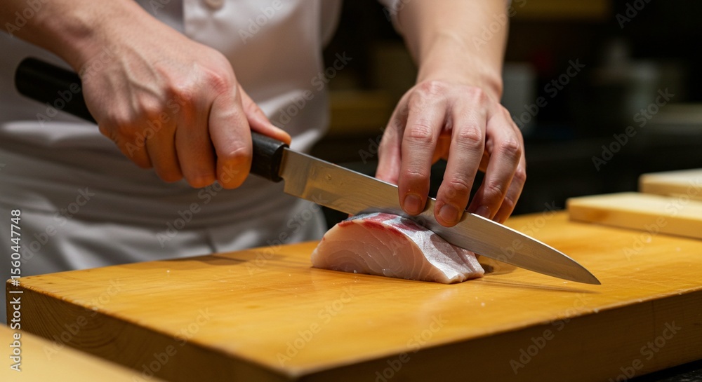 Obraz premium Expertly slicing fresh fish with precision on a wooden board, showcasing culinary skill and dedication.